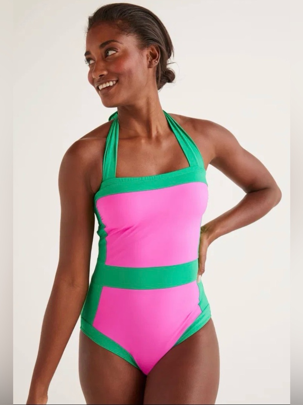 Boden Colorblock Santorini Halterneck Swimsuit Size 6R Pink/Green